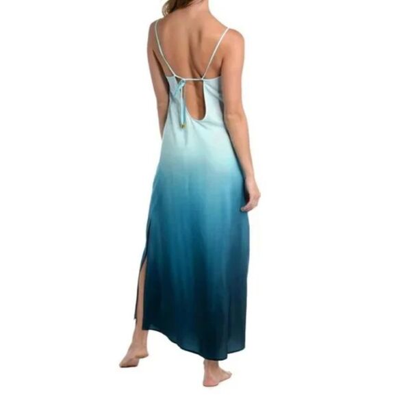 NWT LA BLANCA Turquoise Ombré Oasis Back-Tie Side-Slit Cover-Up Dress - Picture 2 of 4